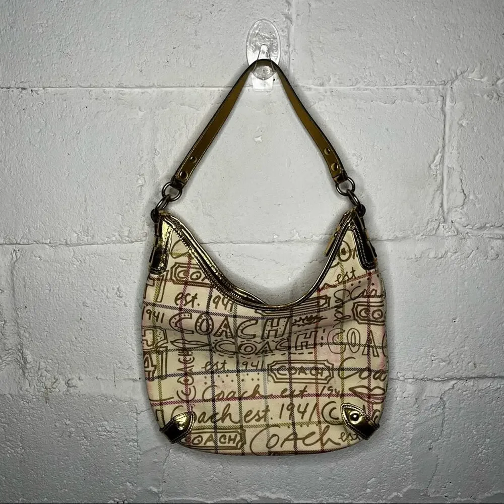 Coach Tattersole Graffiti Hobo Shoulder Bag Leather Beige Multicolor L0868-13309